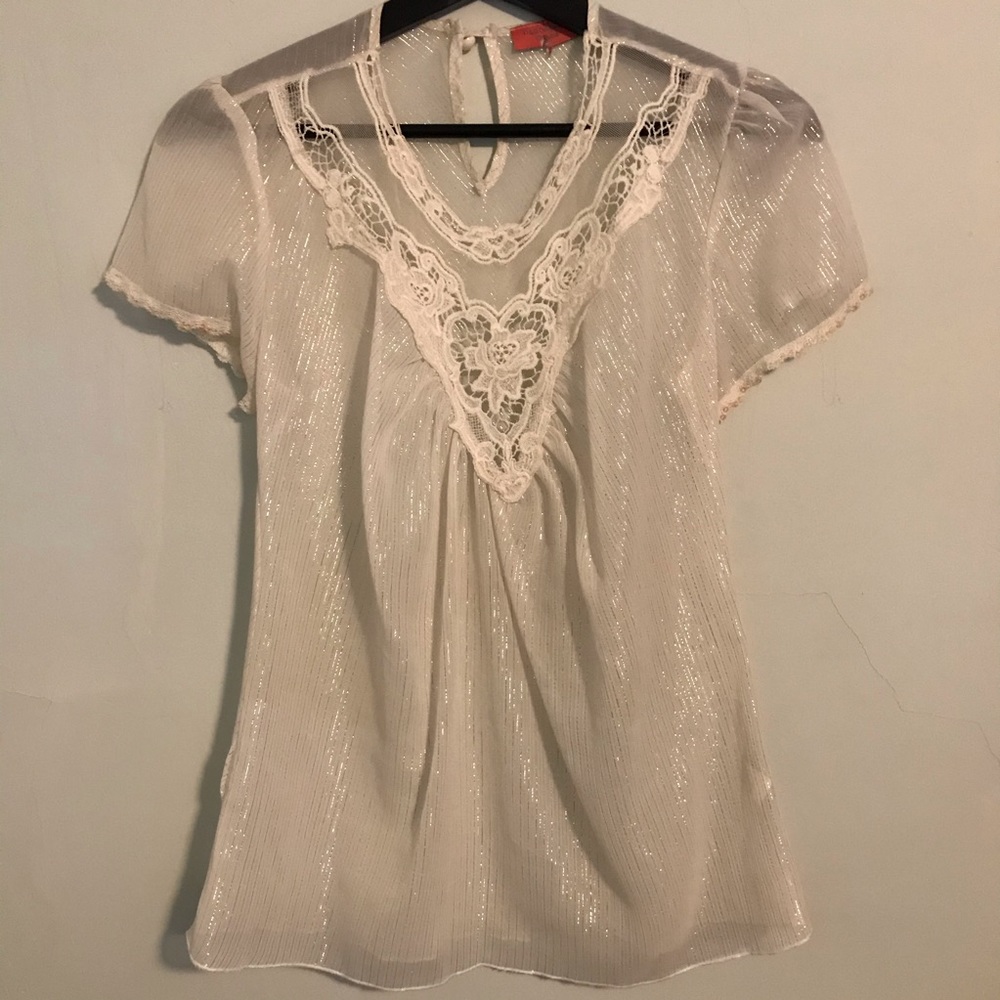 White & Metallic Silver Stripe Short Sleeve Top